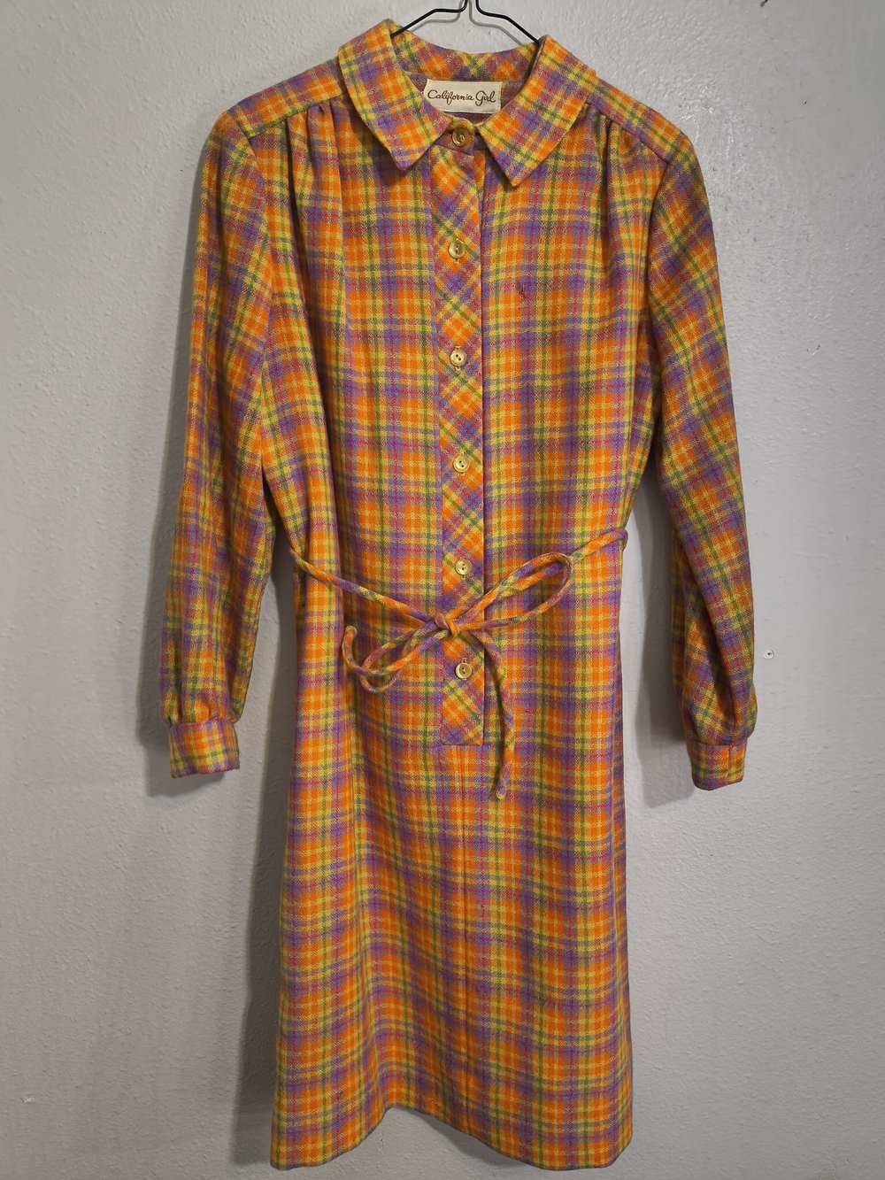 Vintage California Girl Plaid Shirt Dress M/L Orange Purple 60s 70s